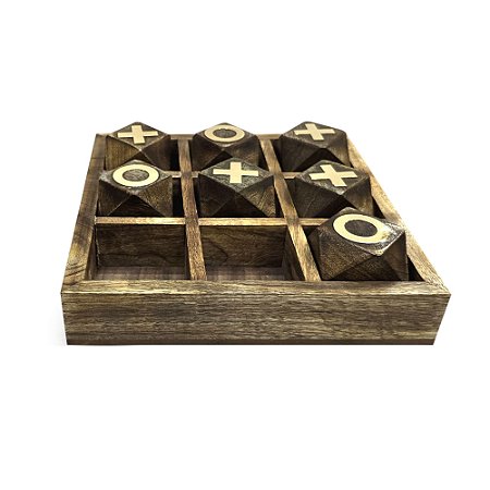 JOGO DE TABULEIRO DA VELHA EM MADEIRA CORES DOURADO E MARROM