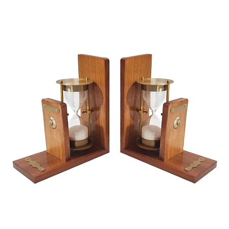 PORTA LIVRO DECORATIVO AMPULHETAS EM ACO INOX E MADEIRA