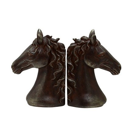 JOGO PORTA LIVROS CAVALO DECORATIVO EM RESINA  MARROM