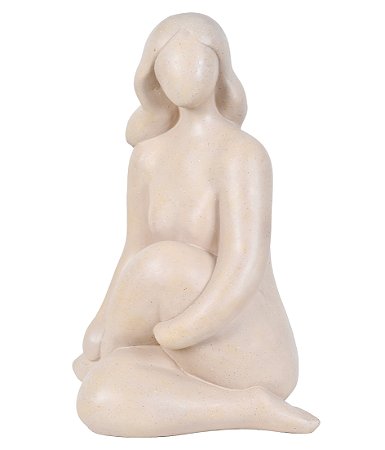 ESCULTURA DECORATIVA MULHER SENTADA EM RESINA CREME 36CM