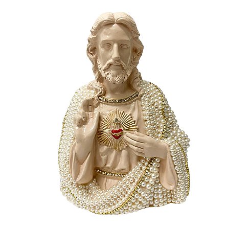 ESCULTURA SAGRADO CORACAO DE JESUS CREME COM PEROLA DE 20CM