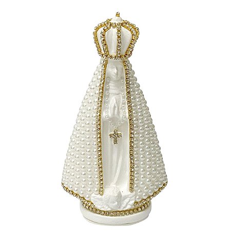 ESCULTURA NOSSA SRA  APARECIDA COM PEROLAS DE 14,5CM BRANCA