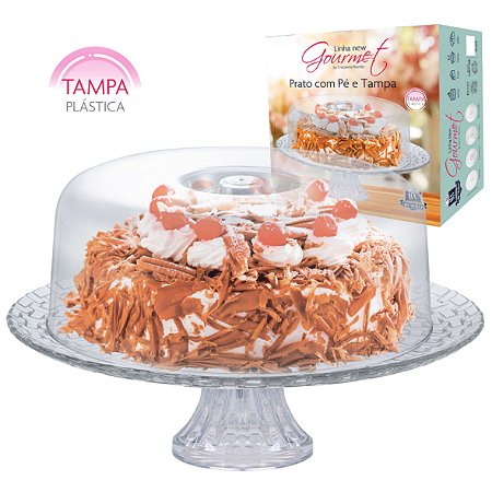Boleira Com Prato de Vidro Pé e Tampa Plástica Gourmet