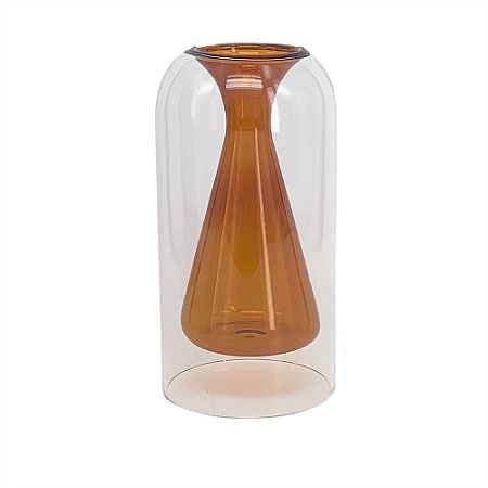 VASO DE VIDRO DUPLO TRANSPARENTE E AMBAR 17cm