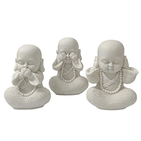 ESCULTURA TRIO BUDA DA SABEDORIA EM PO DE MARMORE DECOR 13CM