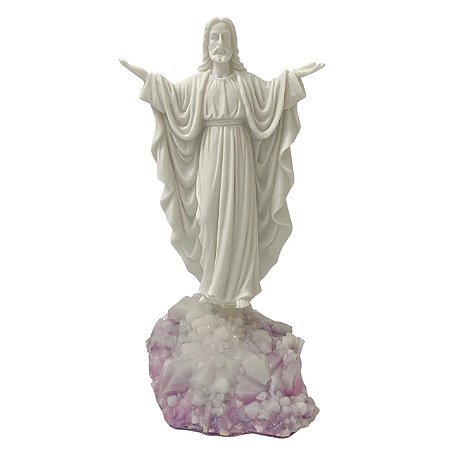 ESCULTURA LUMINARIA JESUS EM PO DE MARMORE NA PEDRA 36CM