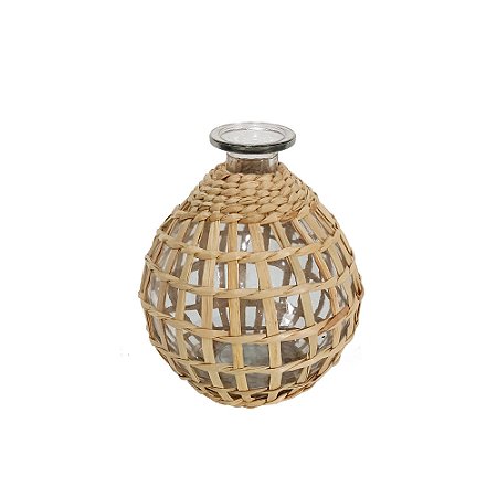 VASO DECORATIVO EM VIDRO E FIBRA NATURAL TRANCADA 16X11,5 CM