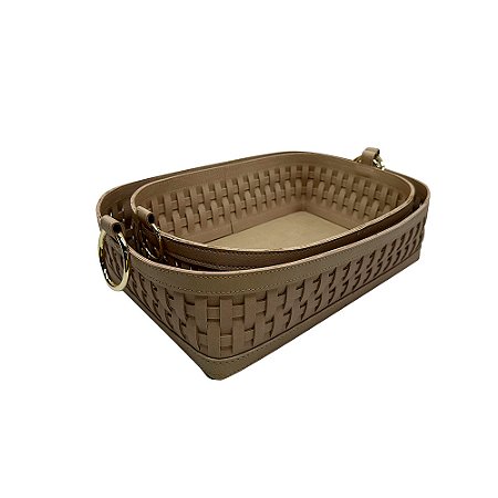 CONJUNTO DE CESTOS EM COURO SINTETICO BEGE ALCA PRATA 2PCS