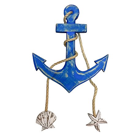 ESCULTURA  DECOR ANCORA AZUL EM MADEIRA 47CM