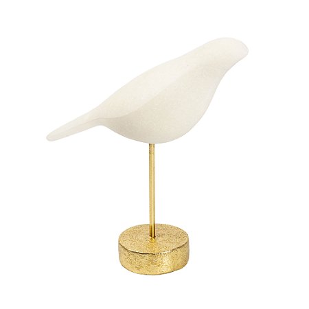 ESCULTURA EM RESINA PASSARO BRANCO BASE DOURADA P 25X10 CM