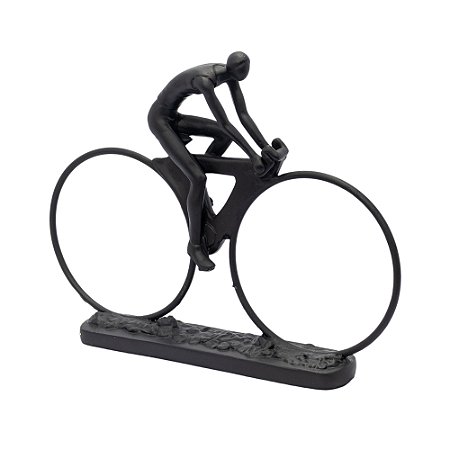 ESCULTURA DECORATIVA CICLISTA PRETA EM RESINA 33 CM