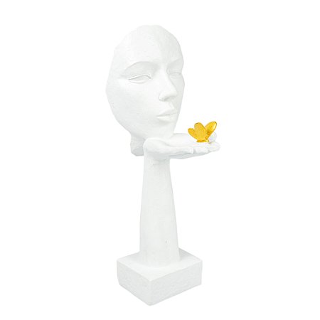 ESCULTURA MULHER COM BORBOLETA EM RESINA BRANCA 34CM