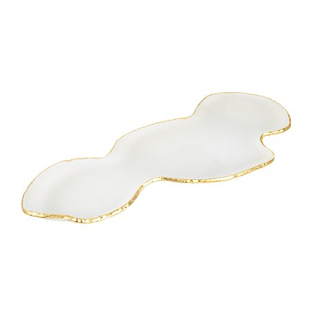 BANDEJA DECORATIVA VIDRO FOSCO BRANCA DETALHES DOURADO 45CM