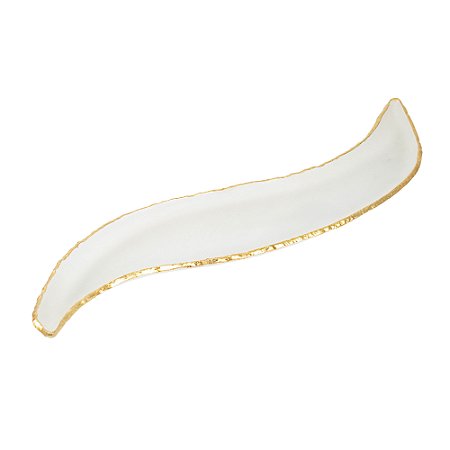BANDEJA DECORATIVA VIDRO FOSCO BRANCA DETALHES DOURADO 33 CM