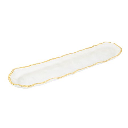 BANDEJA DECORATIVA VIDRO FOSCO BRANCA DETALHES DOURADO 41CM