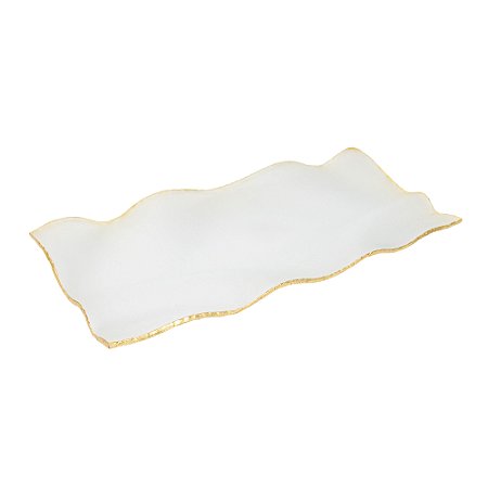 BANDEJA DECORATIVA VIDRO FOSCO BRANCA DETALHES DOURADO 49CM