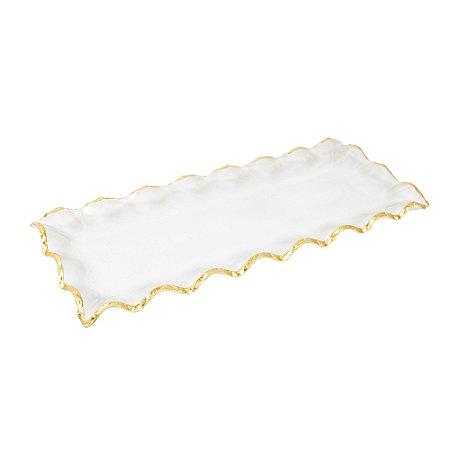 BANDEJA DECORATIVA EM VIDRO FOSCO DETALHES DOURADO 43X18CM