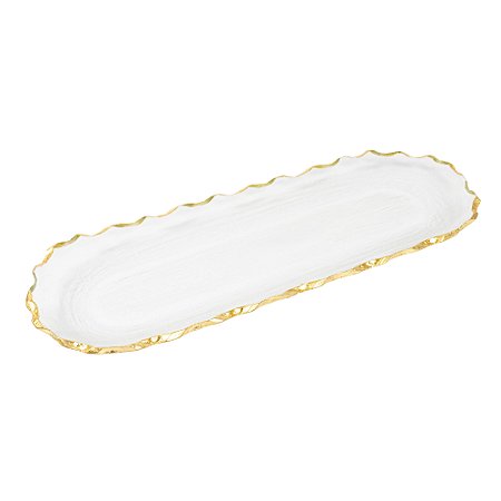 BANDEJA DECORATIVA VIDRO FOSCO BRANCA DETALHES DOURADO 44 CM
