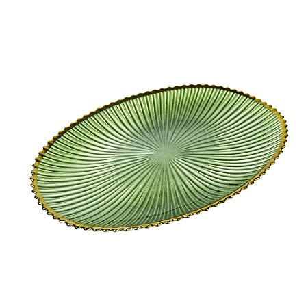 CENTRO DE MESA VIDRO VERDE COM DETALHES DOURADO 36X26 CM
