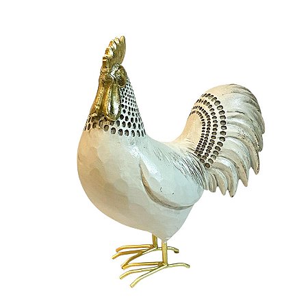 ESCULTURA GALO EM RESINA BR E DOURADO 23x19x11cm