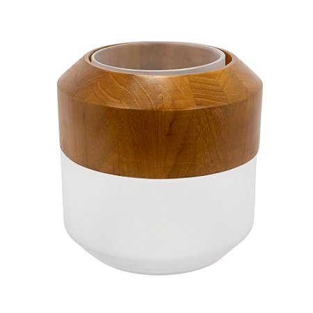 VASO DECORATIVO EM VIDRO E MADEIRA 21X21CM