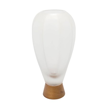 VASO DECORATIVO EM VIDRO E MADEIRA BRANCO FOSCO P 20X15CM