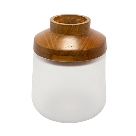 VASO DECORATIVO EM VIDRO FOSCO COM MADEIRA 25X19CM