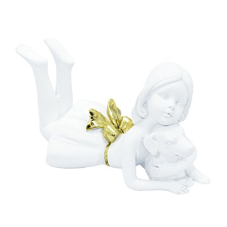 ESCULTURA EM RESINA BRANCA MENINA COM CACHORRO 08X12X08CM