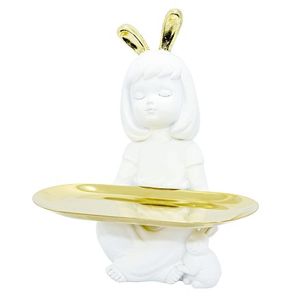 ESCULTURA EM RESINA MENINA COM BANDEJA EM METAL 20X18X15CM