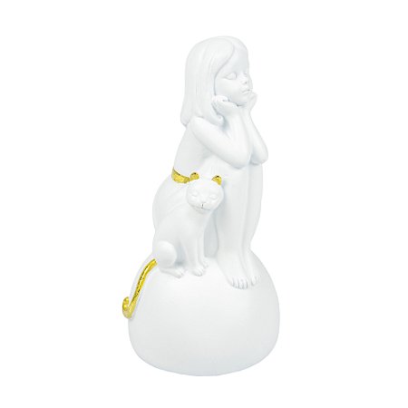 ESCULTURA EM RESINA BRANCA COM MENINA E GATINHO 19X10X10CM