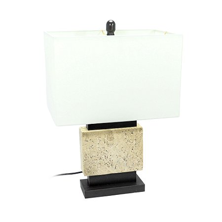 ABAJUR DE METAL PRETO E MARMORE BEGE COM CUPULA BRANCA 53X38X23