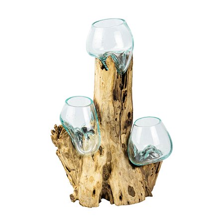 VASO EM VIDRO COM BASE EM MADEIRA RUSTICA NATURAL 40X36CM