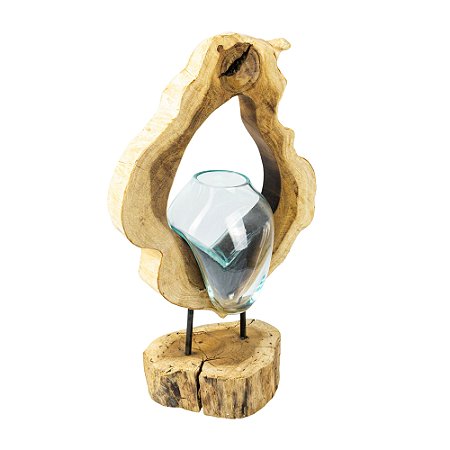 VASO EM VIDRO DECORATIVO COM MADEIRA RUSTICA NATURAL 45X29CM