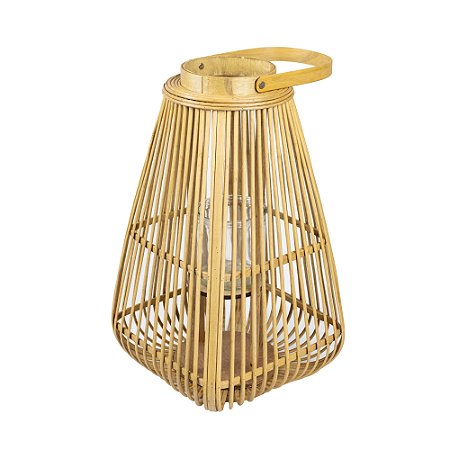 LANTERNA DECORATIVA EM MADEIRA COM COPO DE VIDRO 46X26X26CM