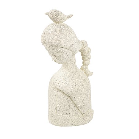 ESCULTURA MENINA COM PASSAROS EM RESINA CREME 29CM