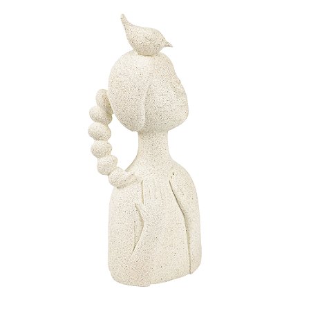 ESCULTURA MENINA COM PASSAROS NA CABEÇA EM RESINA CREME 37CM
