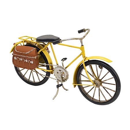 BICICLETA EM MINIATURA AMARELO EM METAL COM MALA 33X19X14CM