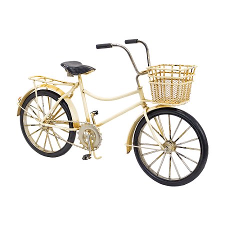BICICLETA EM MINIATURA CREME COM CESTO EM METAL 19X29X8CM