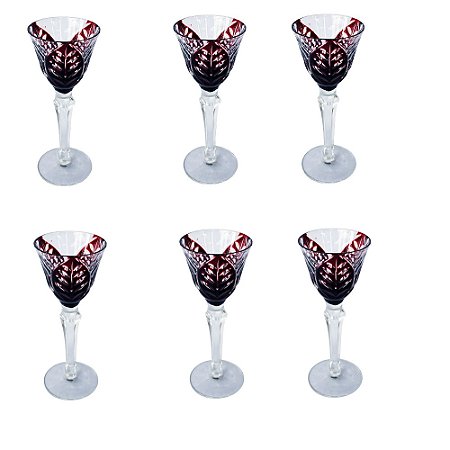 CJ 06 TACAS DE LICOR DE VIDRO LAPIDADO VERMELHO 15,5 CM