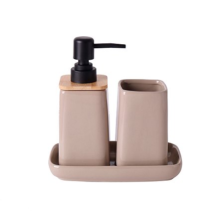 KIT BANHEIRO EM CERAMICA BEGE DETALHE EM MADEIRA 3PCS
