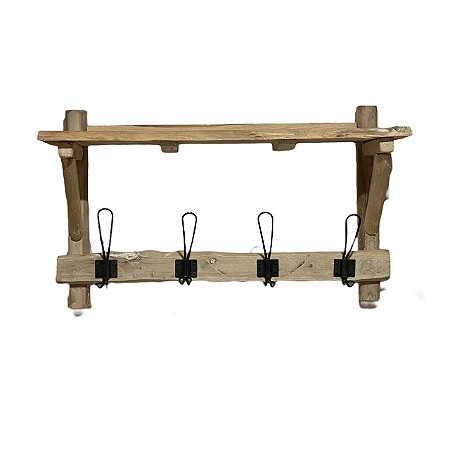 PRATELEIRA EM MADEIRA COM GANCHOS COM METAL