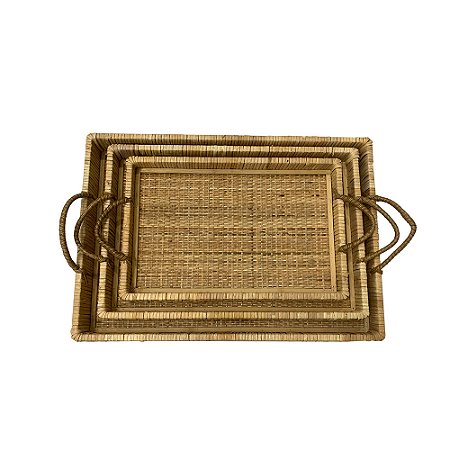 CJ DE BANDEJAS EM MADEIRA E FIBRA RATTAN NATURAL 3PCS (sem medidas)