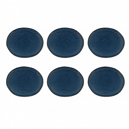 CJ 06 PRATOS SOBREMESA EM PORCELANA AZUL COM DETALHE PRETO