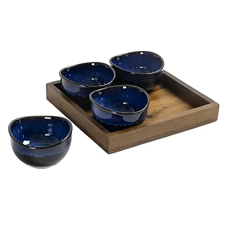 PETISQUEIRA EM MADEIRA E CERAMICA AZUL COM 4 BOWLS cadastrar