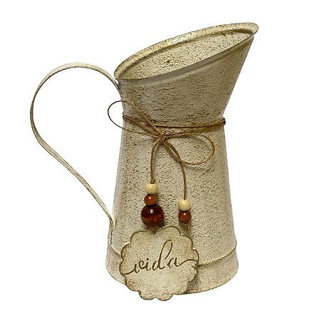 Vaso Jarro Decor de Metal Rústico Bege Plaquinha Vida 19,5cm