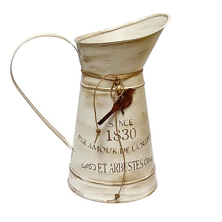 Vaso Jarro Decor de Metal Provençal Bege com Pássaro 31 cm