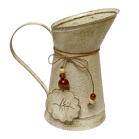 Vaso Jarro Decor de Metal Rústico Bege Plaquinha Fe 19,5 cm