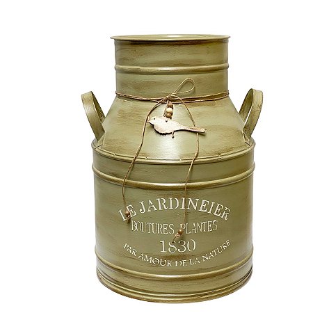 Vaso Leiteira Baixo Metal Provençal Verde com Pássaro 40cm