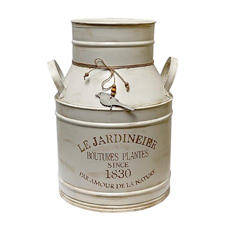 Vaso Leiteira Baixo Metal Provençal Bege com Pássaro 40 cm