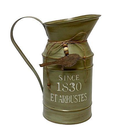 Vaso Jarro Decor Metal Provençal Verde Pássaro 23cm